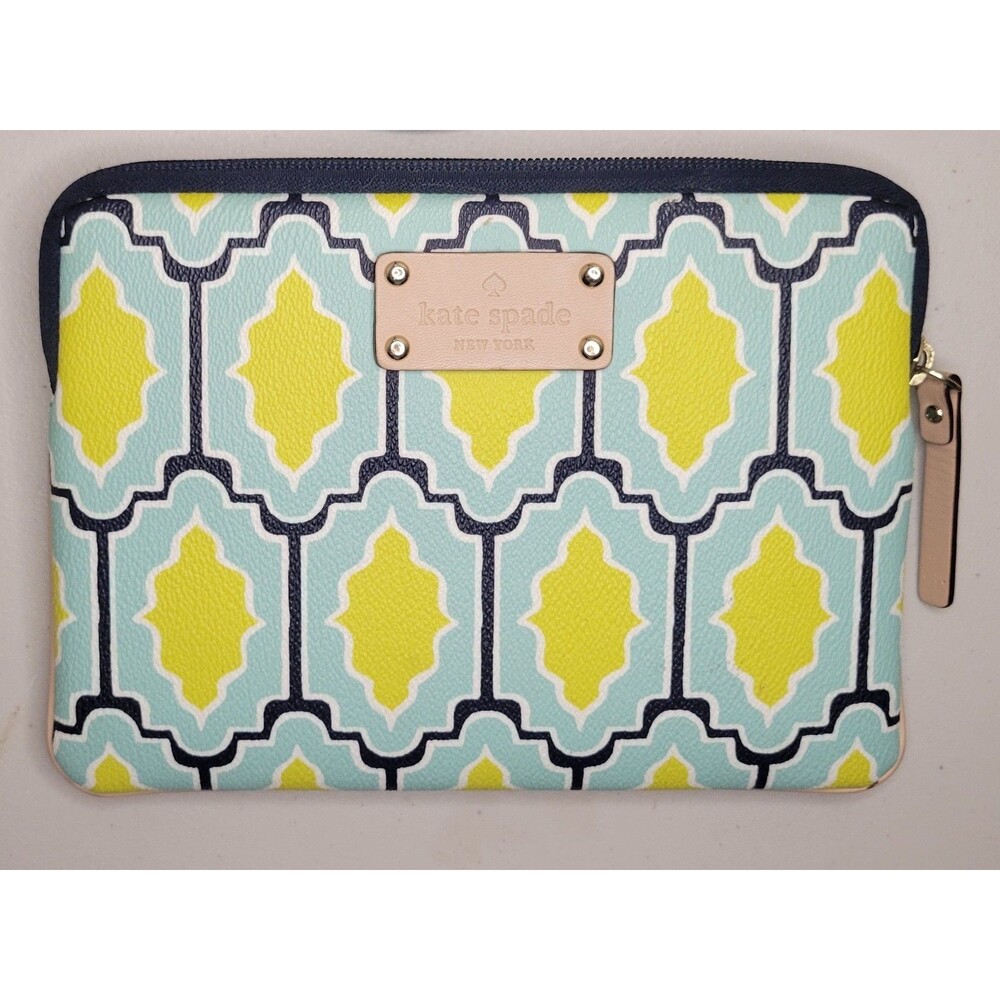 EUC Kate Spade Geometric Tablet Sleeve Pouch Teal Yellow Scallop Padded Gold Zip